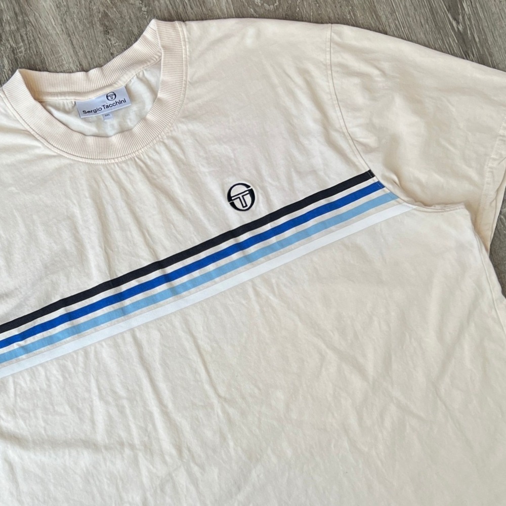 Sergio Tacchini New Melfi T-Shirt Mens 2XL Pearled Ivory Crewneck Cream Blue EUC